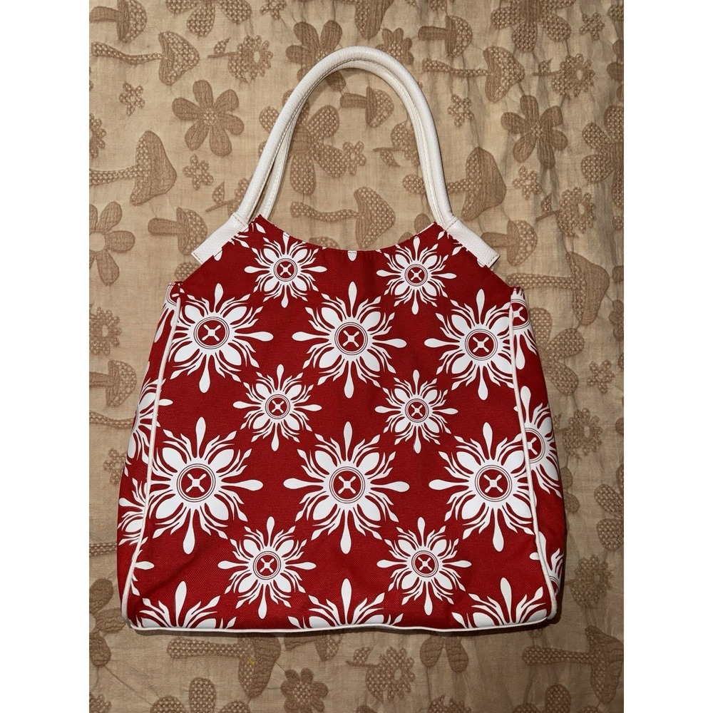 Lancome Red/White Shoulder‎ Shopper Tote Beach Bag Floral Canvas Purse EUC